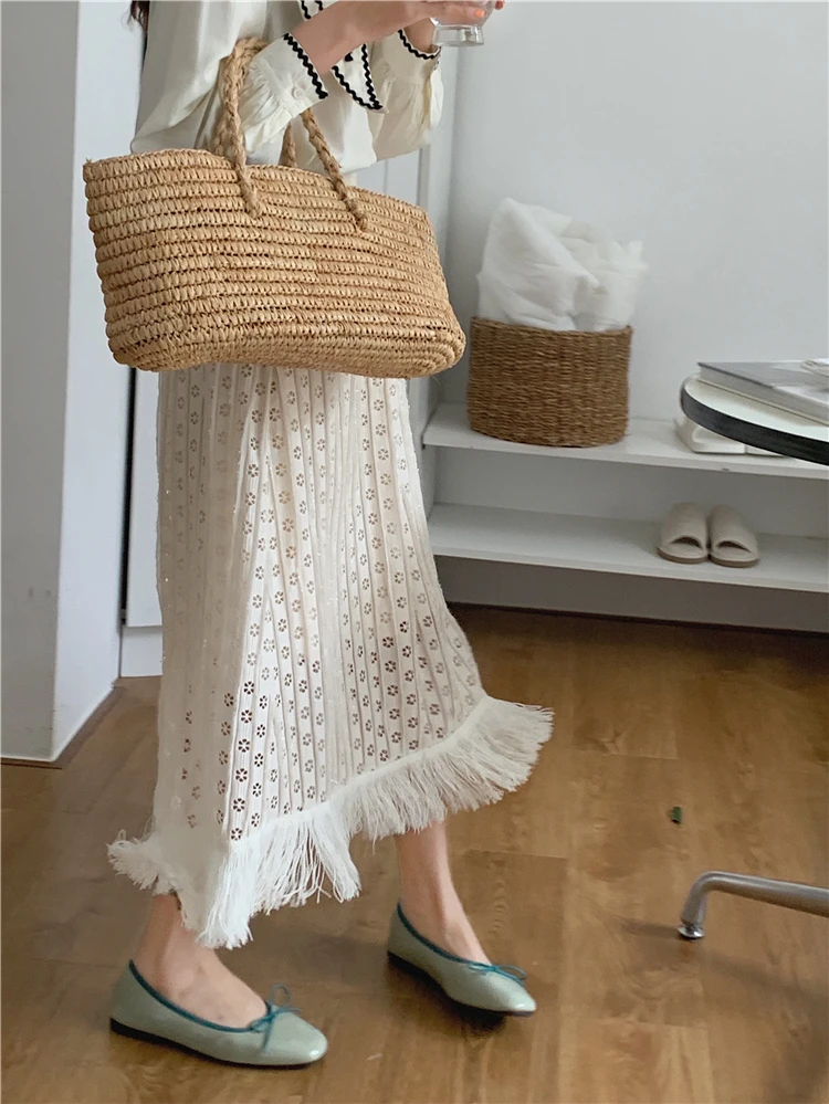 Hollow Lace Knitted Skirt Tassels Pleated Long Skirts Korean Elegant Casual Elastic High Waist Skirt Black Apricot Spring Summer white pleated skirt