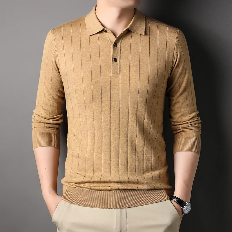 

High Quality Men's Knitted Wool Pullover Autumn Polo Collar Sweater Solid Color Simplicity Business Casual Fashion Base Shirt