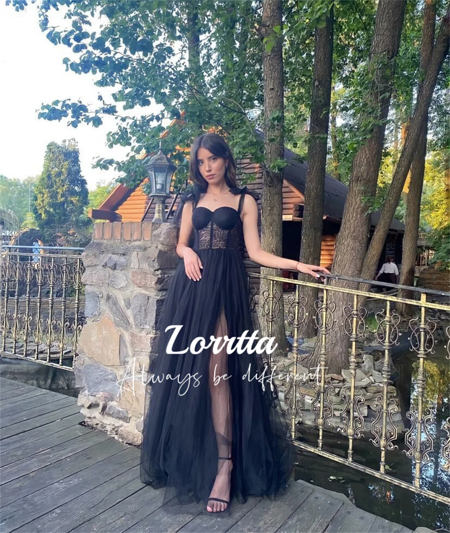 

Lorrtta Sweetheart Collar Shoulder Straps Black High Slit Gauze See-through Applique Ball Gown Tulle Evening Women Elegant Party