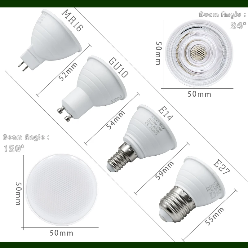 GU10 MR16 Led Bulb E27 E14 6W AC 220V 230V 240V Beam Angle 24 120 Degree Spotlight For Home Energy Saving Indoor Light Bulb