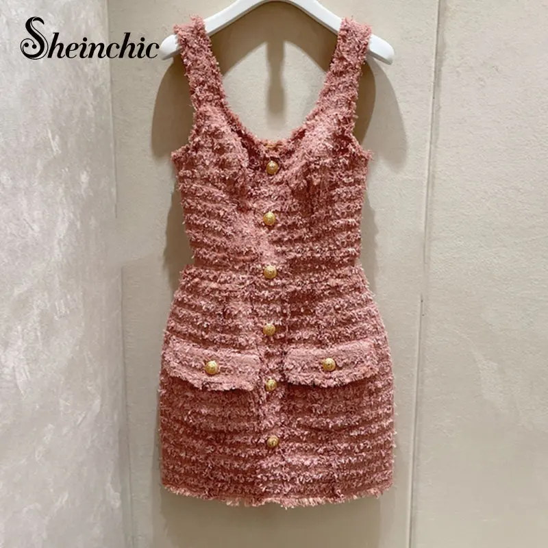 

Korean Fashion Clothing 2023 Spring Autumn Elegant Single Breasted Pink White Wool Dresses for Women Spaghetti Strap Mini Dress