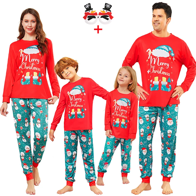 thumbnail image 1 of Pijamas navideños a juego de algodón a la moda para toda la familia, Papá Noel, padre, madre, niños, bebés, conjuntos de camiseta y pantalones con estampado de letras, 1 of 5