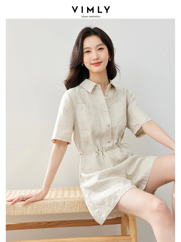 VIMLY Women's Casual Commuter Linen Short Playsuit 2024 Summer Cooling  Loose Romper Mid Waist Office Lady Tops Jumpsuit M7078
