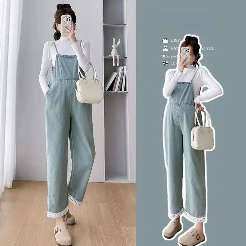 캐주얼 임산부 턱받이 바지, 투웨이 착용, 하프 하이 칼라 베이스레이어 상의, 다목적 용수철 가을 세트