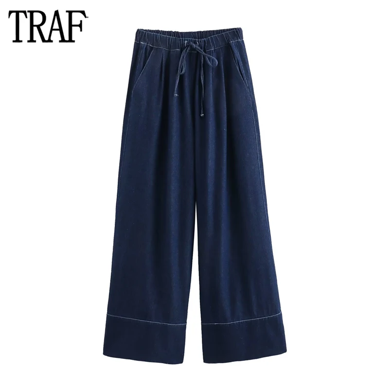 

TRAF 2024 Wide Leg Jeans for Women High Waist Baggy Jeans Woman Blue Pleated Denim Pants Women Streetwear Casual Women's Jeans