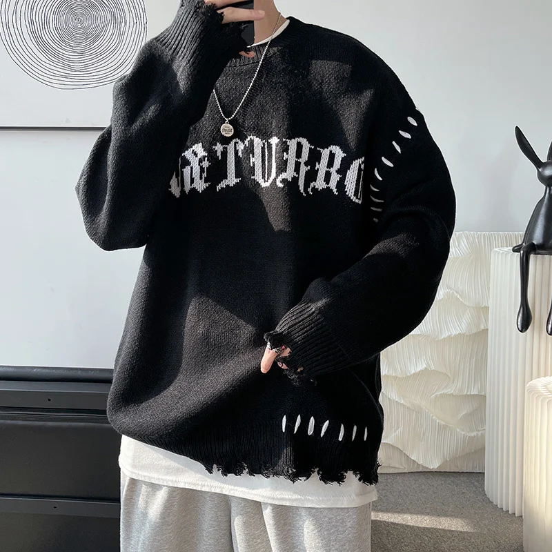 하이 스트리트 찢어진 남성용 스웨터, 루즈 패션 브랜드, 유니섹스 니트 풀오버, 라운드 넥 레터, 가을 니트웨어
