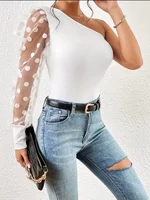 Spring and Autumn hot fashion polka dot mesh stitching long sleeve solid color single shoulder shirt T-shirt women 4
