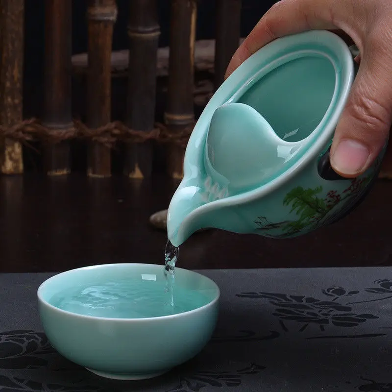 [GRANDNESS] Kung Fu Tea Set 1 Pot 1 Cup Longquan Celadon Gaiwan Handpainted Kung Fu Tea Set Gaiwan