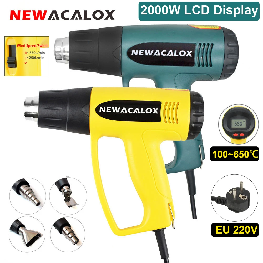 Heat Gun 2000W Fast Heating LCD Display Hot Air Gun with 100~650℃&2 Wind Speed Control for Resin,Shrink Tubing,Paint Removal 10x60mm 12v 18w heat rubber polyimide electric film soft performance flexible fast preheating for automobile oil heating pads