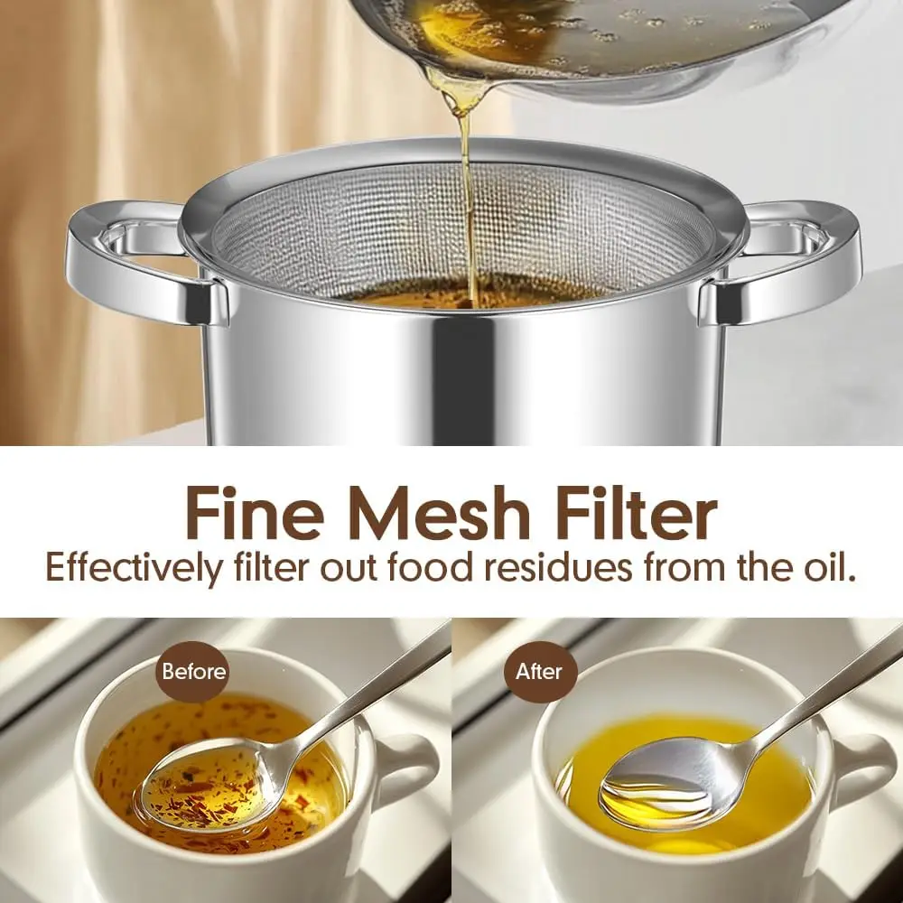 Stainless Steel Oil Filter Pan with Filter Frying Pan Double Ears with Frying Basket Cover Grease Storage