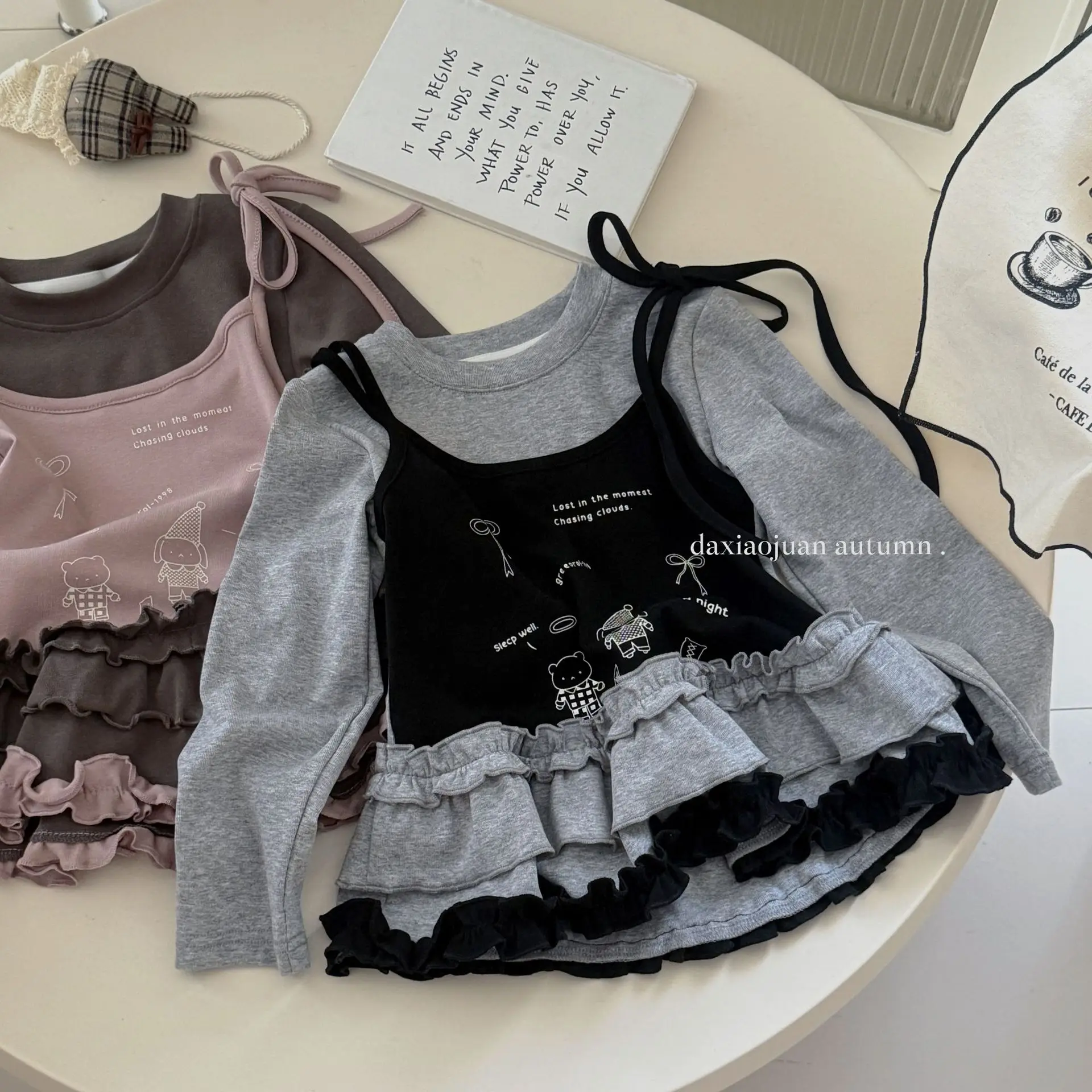 2025년 가을 한국 아동복 페이크 투피스 한국 버전 레이스 탑 여아 긴팔 베이스 셔츠