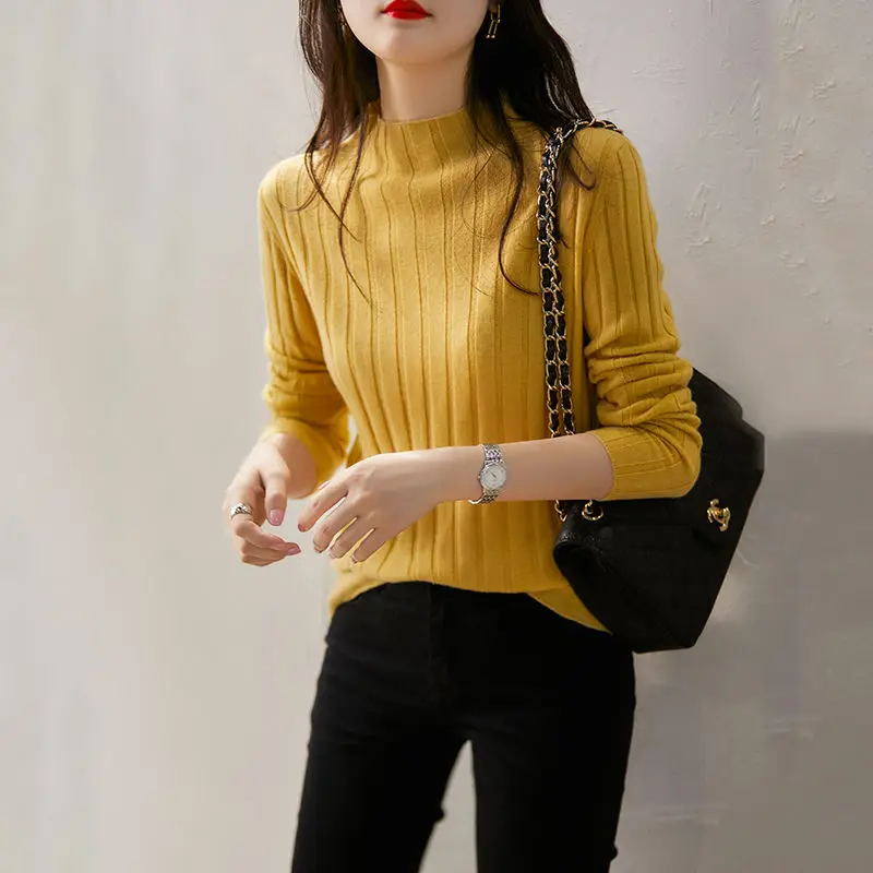 

2023 Women's Autumn Winter New Thin Knitted Tops Female Long Sleeve Casual Jumpers Ladies Half High Collar Sweater Tops E416