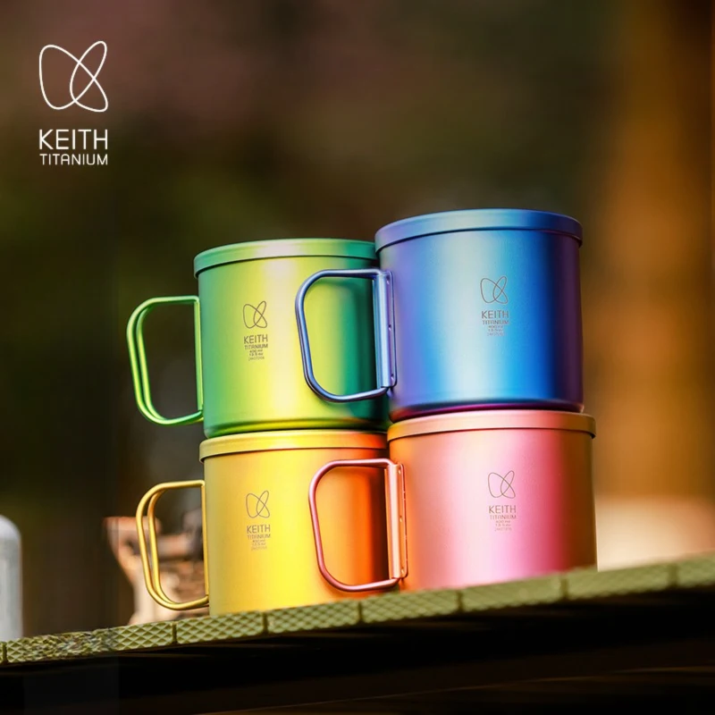KEITH 티타늄 컵 400ml 레디언트 스펙트럼 컬러 경량 캠핑 머그 접이식 핸들 아웃도어 하이킹 백패킹 선물