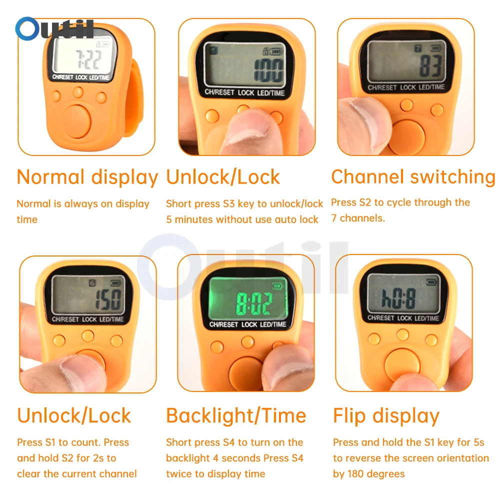 Finger Counter LED Electronic Handheld Tally Counter 7 Channels Clicker Time Luminous Ring Rechargeable
