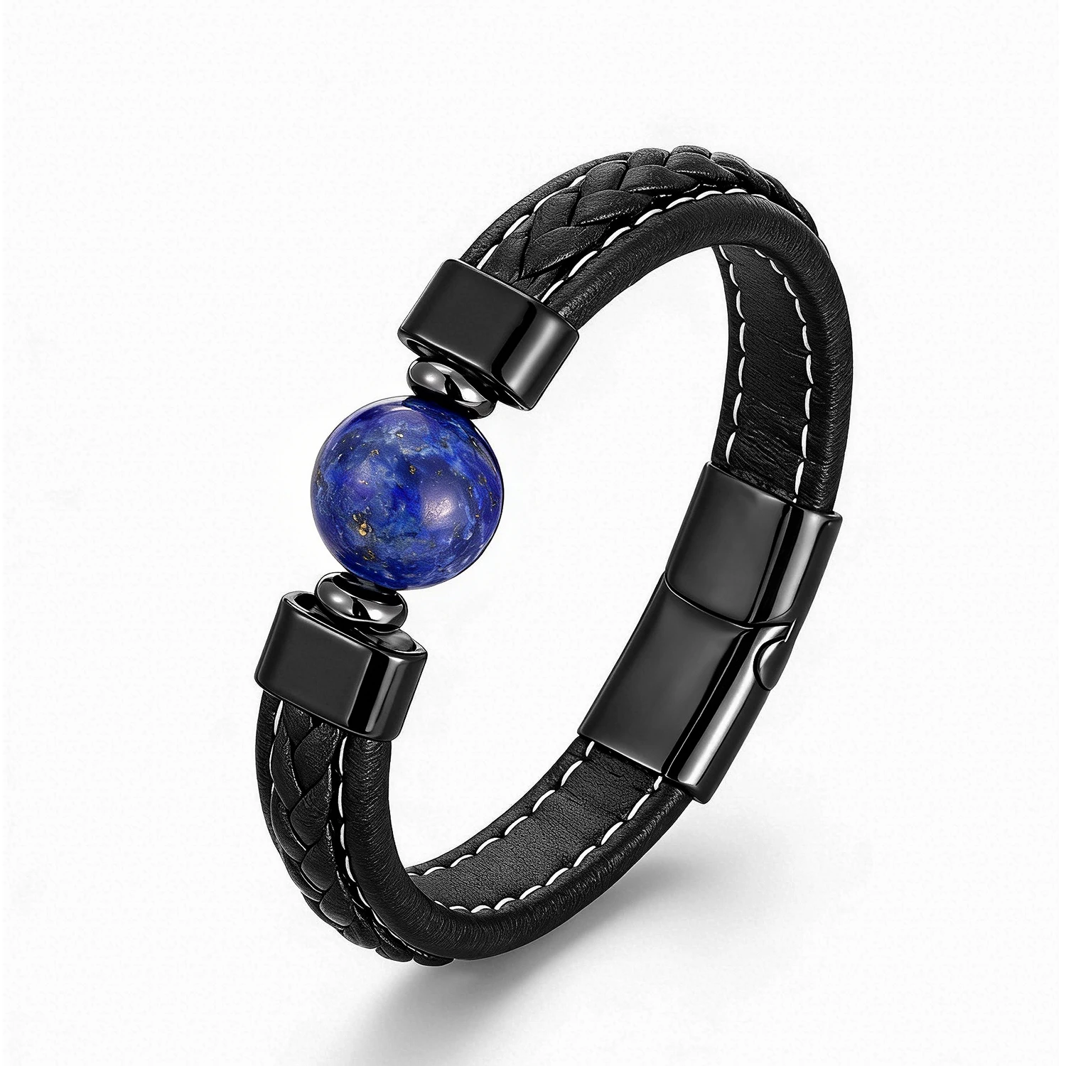 Herren-Armband aus Naturstein und Leder, Tigerauge, Lavastein, Edelstahl, Magnetverschluss, modischer Vintage-Schmuck für Männer – Detail 7