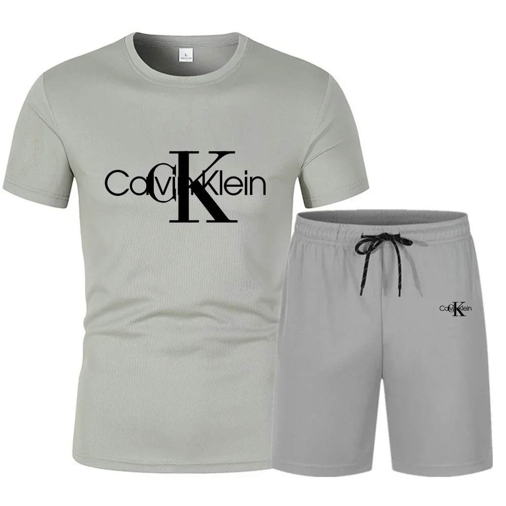 Men\'s new summer short sleeved set, round neck T-shirt+drawstring shorts two-piece set, letter print, fashionable casual sports