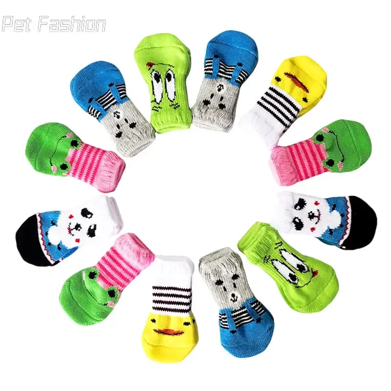 Pet Shoes Dog Socks 4Pcs Cute Pet Dog Socks with Print Anti-Slip Cats Puppy Shoes Paw Protector Products for Small Breeds Spitz York Dogs Chihuahua