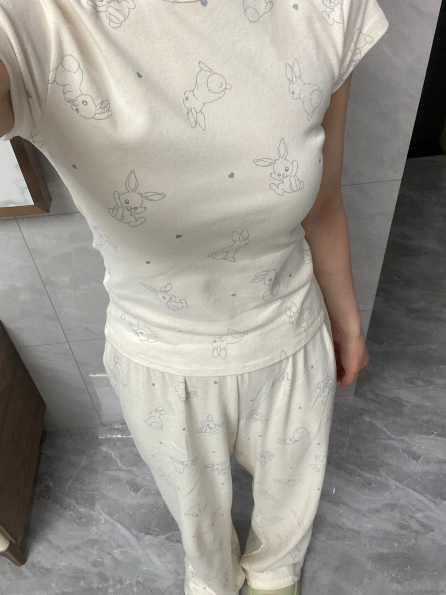 Sweet Rabbit Print T-shirt Pant Sets Women Summer O-neck Slim Tee Eyelet Straight Long Pants Casual Soft Cotton Home Pajama Set 3