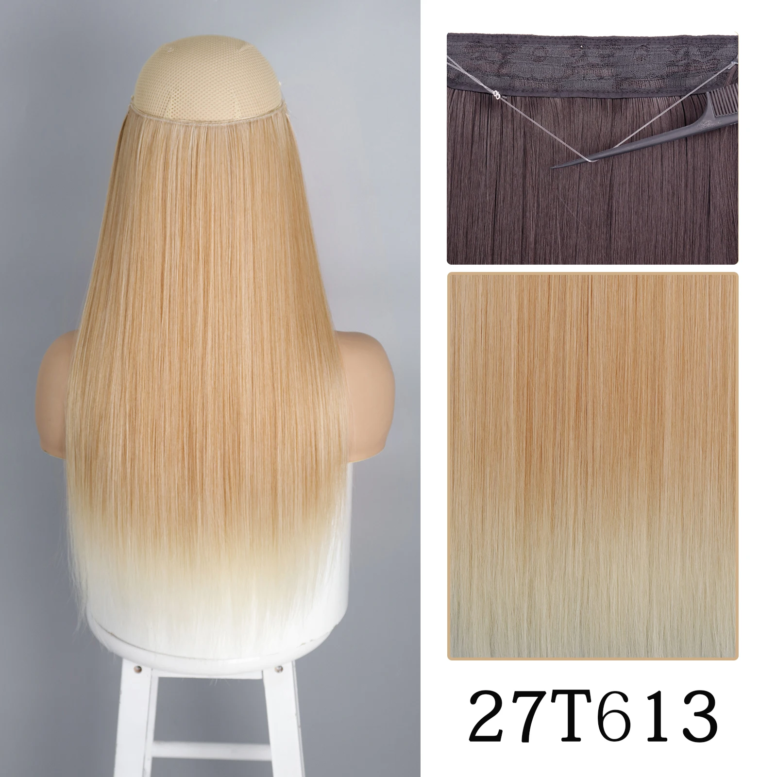 thumbnail image 1 of Extensiones de cabello sintético sin clip AZQUEEN, negro, rubio, largo, liso, con alambre de pescado secreto, postizo resistente al calor para mujer, 1 of 5