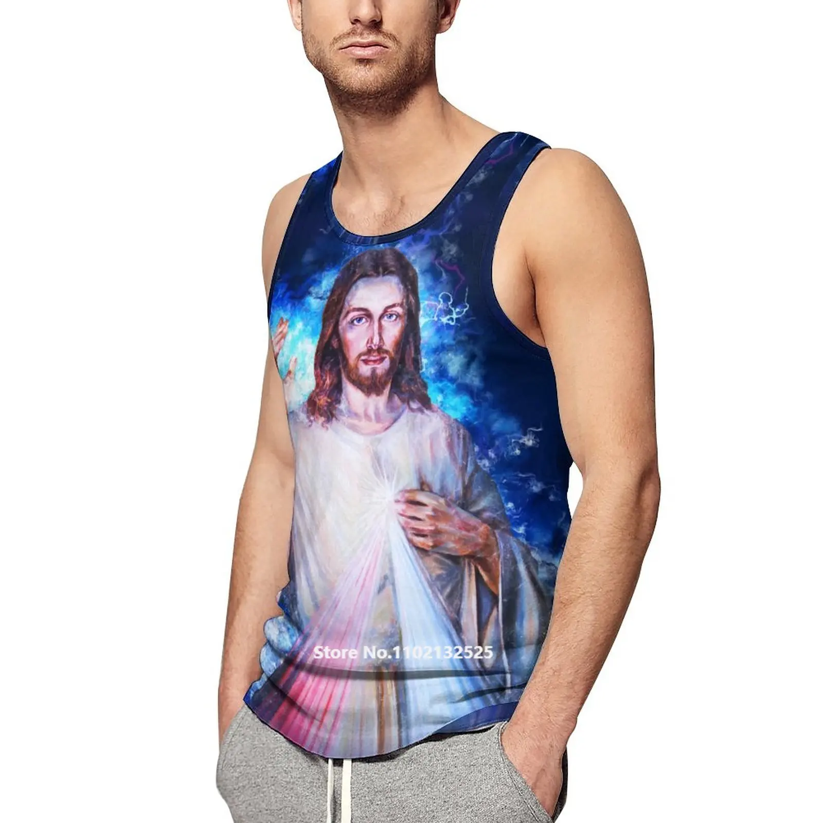 

Men Tank Top Comics Jesus 3D Print God Oil Painting Fashion Sleeveless T Shirts Summer Streetwear Vest