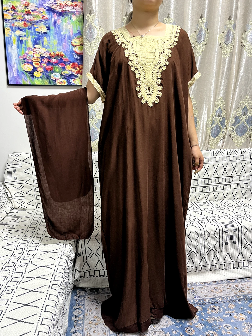 

Abayas For Women 2023 Summer Boat Neck Pure Cotton Appliques Loose Fit Femme Robe African Nigeria Traditional Dress With Turban