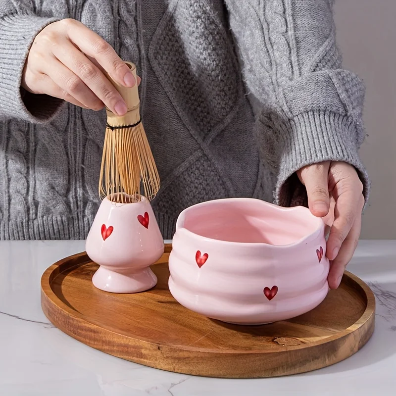 Pink Heart Decal Ceramic Matcha Set 5pcs Cute Matcha Set Includes Bowl Whisk and Holder Bamboo Scoop Sifter