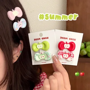 2/6 Pcs creative cute apple bow hair clip combination versatile bangs clip edge clip temperament shattered hair clip headwear