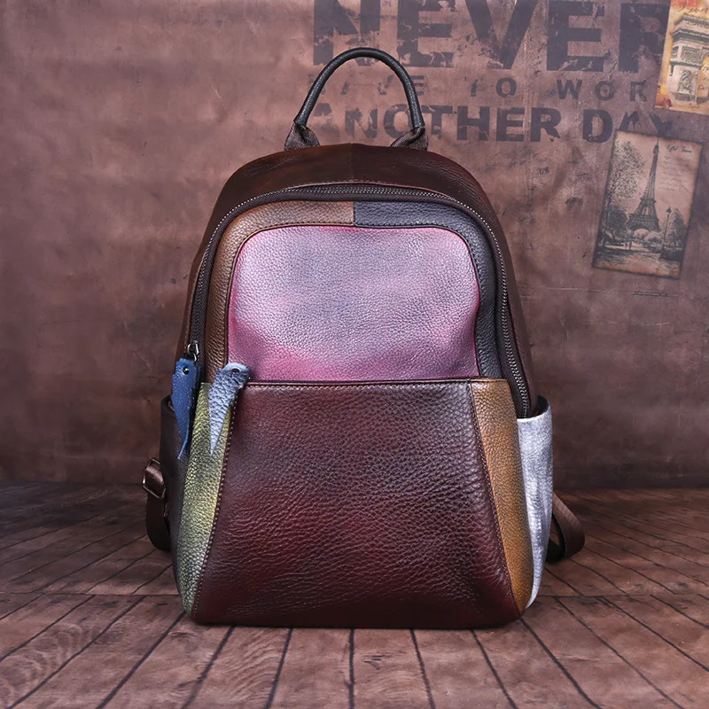 2024 New Hand-painted Panelled Women Backpack Genuine Leather Female Retro Bag Leisure Vintage Travel Backpack Mochila 3
