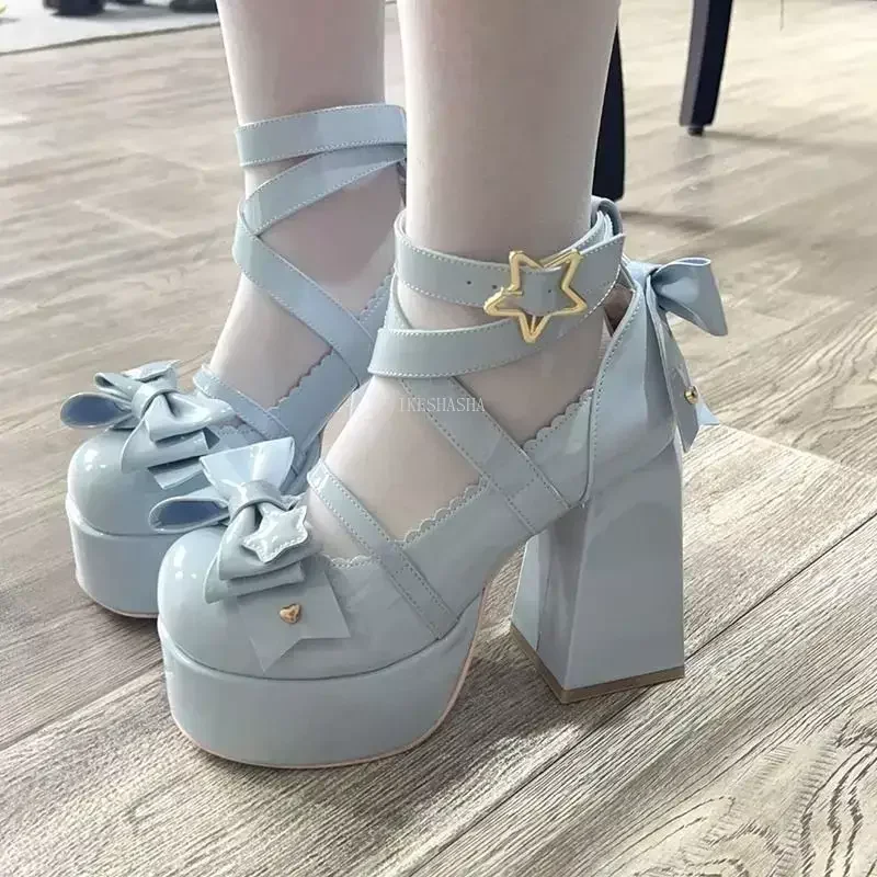 2024NewSweetVintageMaryJanesShoesWomenStarBuckleLolitaKawaiiPlatformShoesFemale