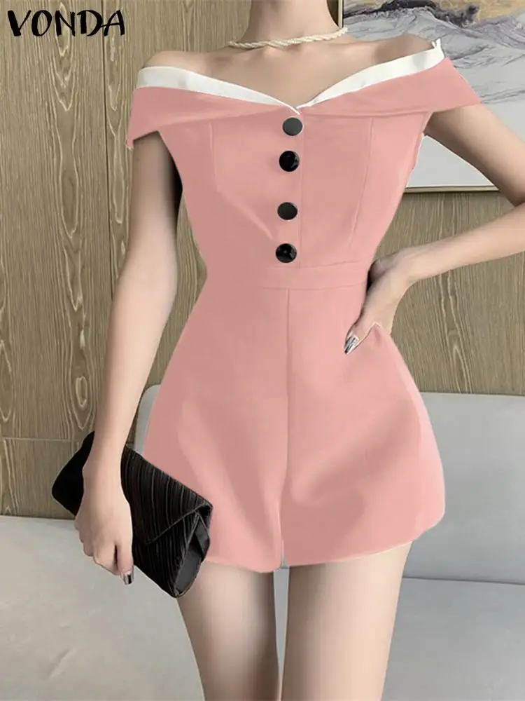 

VONDA Women Elegant Romper Mini Jumpsuits 2023 Summer Sexy Off Sholuder Casual Short Playsuits Fashion Buttons Club Overalls