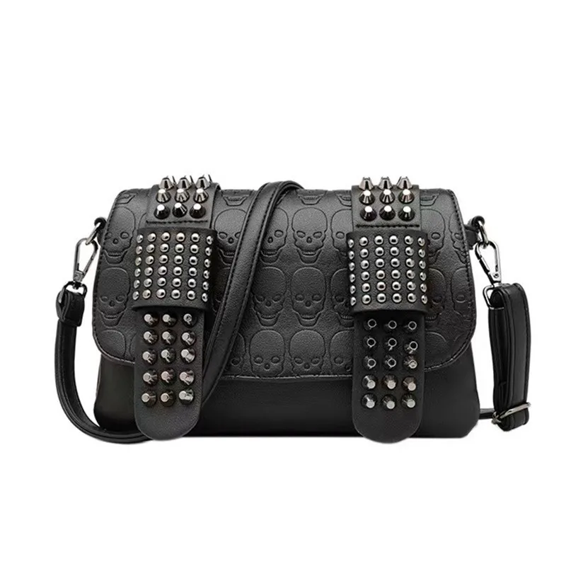 Women Rivet Skull Crossbody Bag New Fashion Casual Trendy PU Leather Shoulder Handbag for Ladies