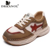 DRKANOL Fashion Women Shoes Mixed Colors Genuine Cow Leather Lace-Up Flat Platform Casual Sneakers Ladies Comfort Retro Shoes 1