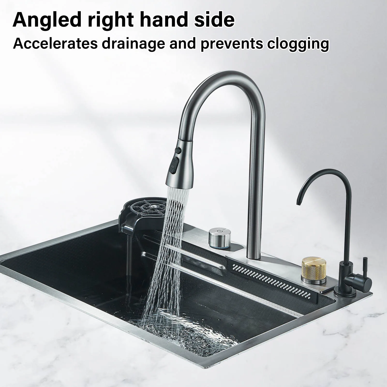 304 Stainless Steel Waterfall Kitchen Sink Sink Large Single basin With Large Single Slot Sink Above Counter With Cup Disher 4