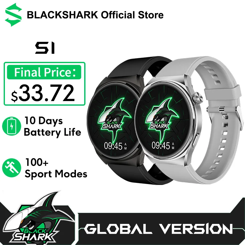 Black Shark S1 스마트워치 글로벌 버전, 1.43 인치 AMOLED 스크린, 건강 모니터링 피트니스 워치, 10 일 배터리 수명, 무선 충전기 