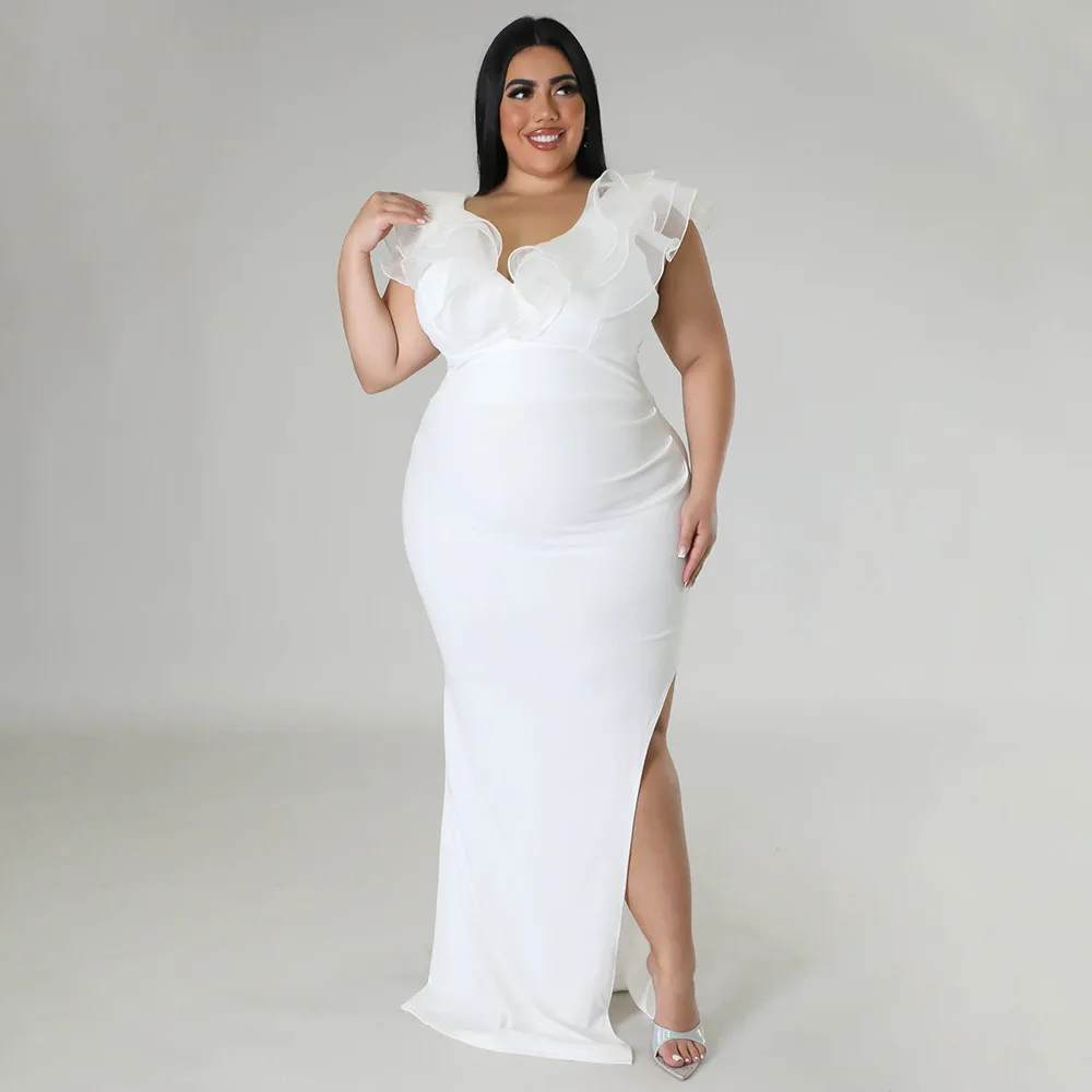Plus Size 4xl Evening Dress Women Ruffle Mesh Sleeveless Long Party Dress Female Designer Fashion Outfit 2023 Spring Luxury Robe