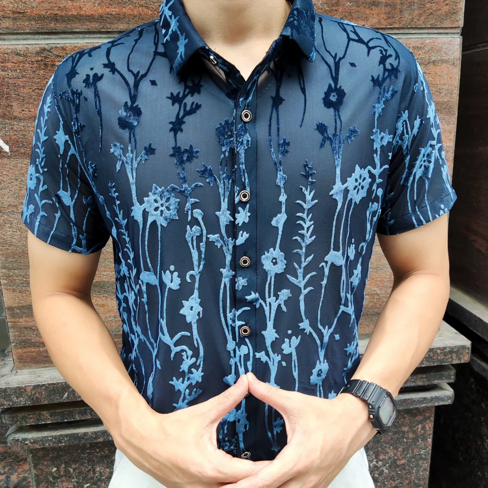 Casual Shirts Men Social Party Lace Sheer Blouse Hollowout Fashion Floral Transparent Shirt Man See Through Sexy Men Shirt