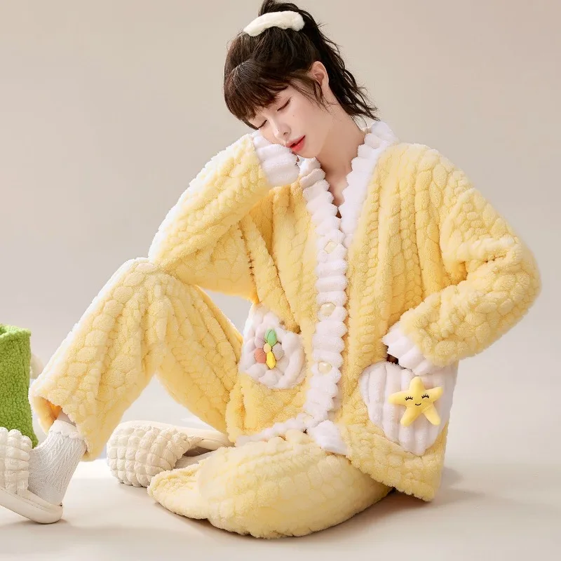 Women's New Coral Velvet V-neck Sleepwear Plus Size Loose Loungewear Outfit Ladies Cute Sweet Flannel Leisure Pajama 2-piece Set
