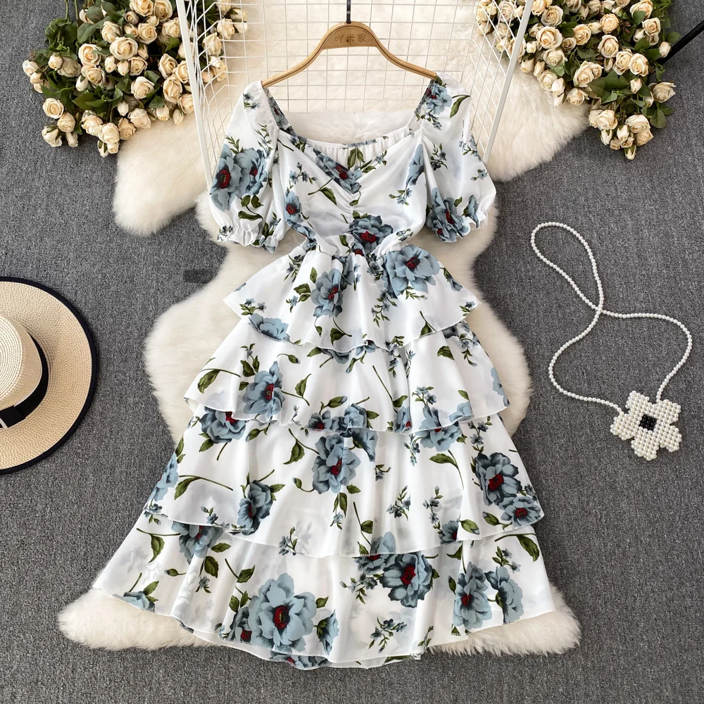 

Summer korean sytle fresh flower print short sleeve dress women v-neck waist slim midi a-line white floral printed cake dress