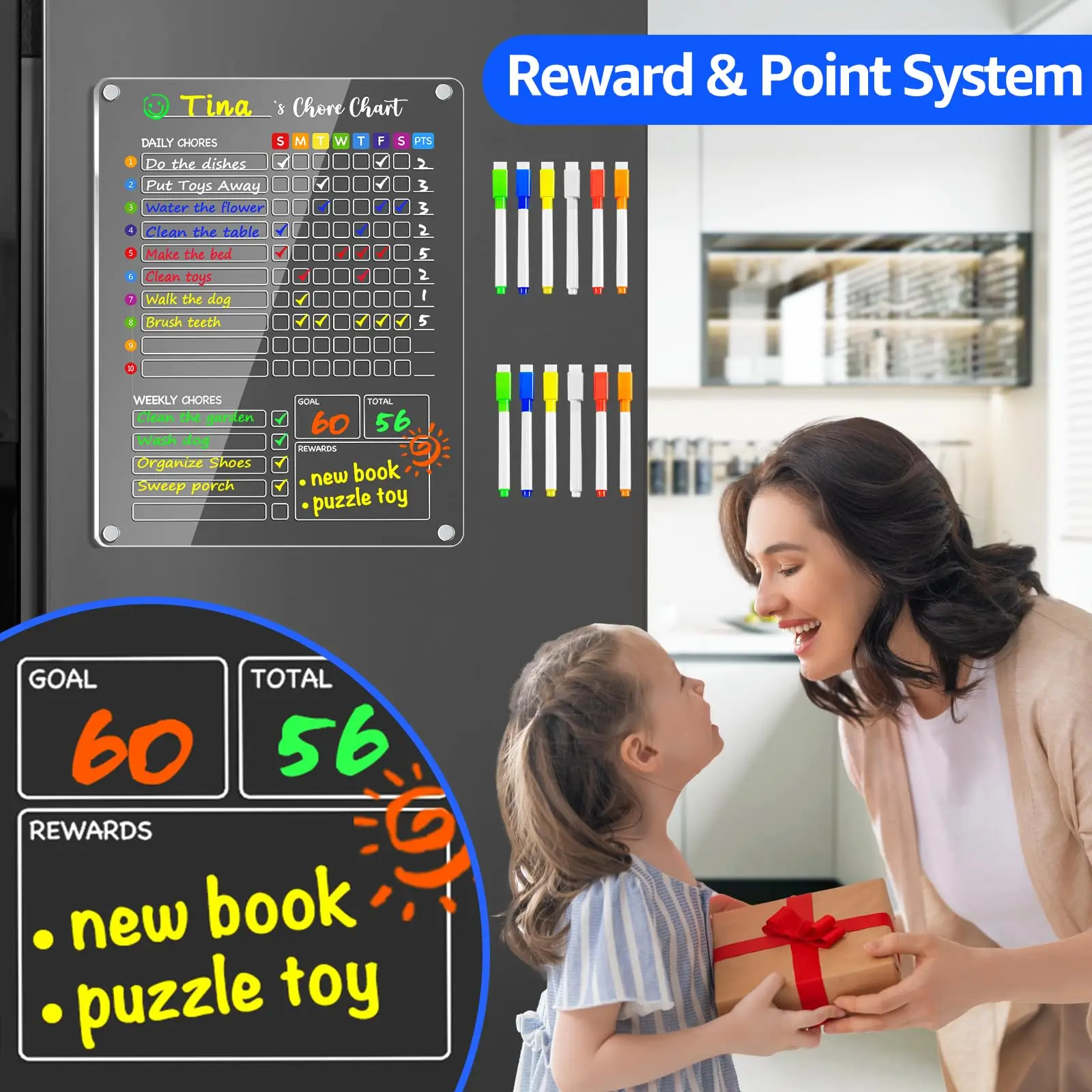 Acrylic Magnetic Weekly Kitchen Chart Chores Checklist for Teens Adult Family Multiple Kids Reusable Meal Planner 6 Markers