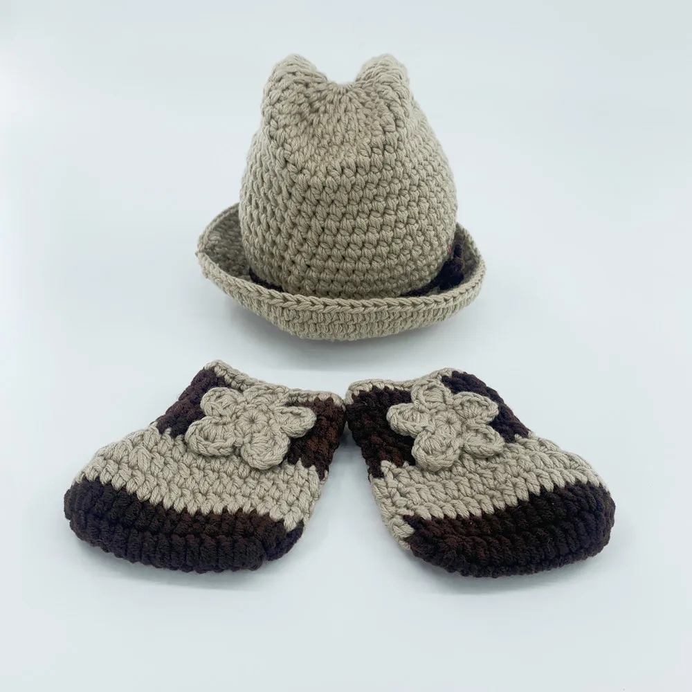 Newborn Photography Props Baby Photo Knitting Clothing Hat Set Baby Cowboy Hat Apricot / Coffee Side Accessories Newborn0-6