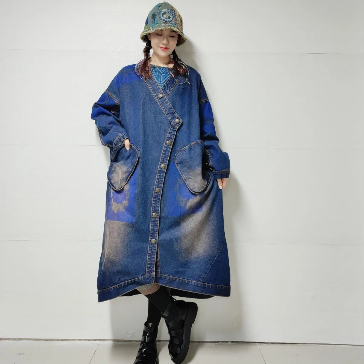 superaen-retro-design-denim-jacket-dress-for-women-2024-spring-new-loose-washed-retro-printed-long-dress