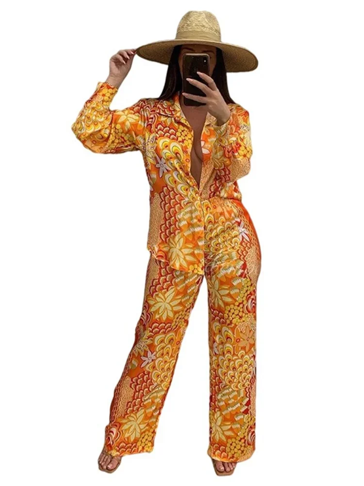 Wmstar Two Piece Set Women Autumn New Retro Printed Fashionable Casual Shirt Set Long Sleeved Pants Wholesale Dropshpping 2024