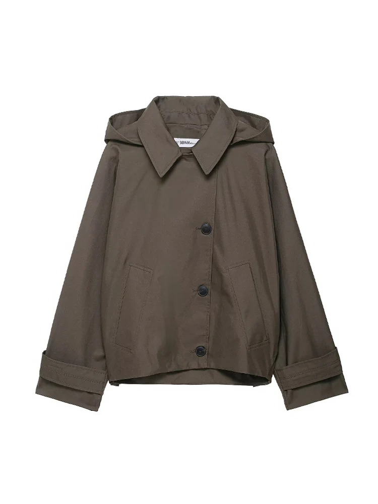 Women's Loose Windbreaker Coat With Hooded  2025 New Retro Fashion Oversize Long Sleeve Solid Leisure Trench Coat Outwear