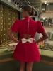 Sexy Backless Hollow Out 3d Bow Mini Dress Elegant Solid Short Sleeve High Waist A Line Short Dresses Autumn New Lady Party Robe 5