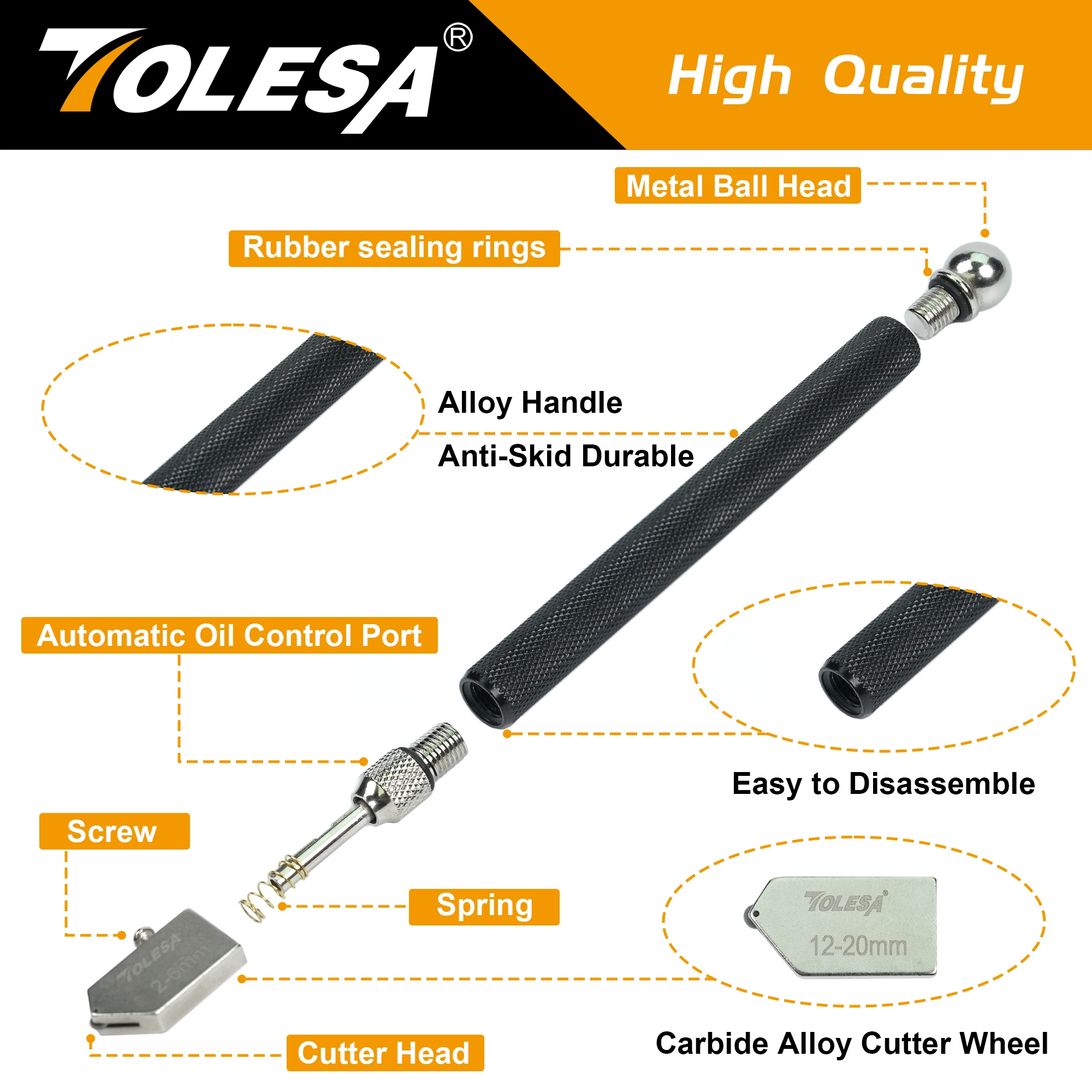 TOLESA Glass Cutter Tool Set 2mm-20mm Pencil Style Oil Feed Carbide Tip with 2 Bonus Blades, Screwdriver, Oil Dropper and Box