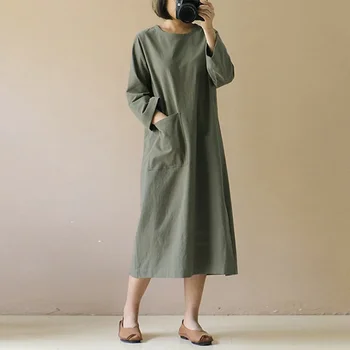 S-5xl 느슨한 코튼 린넨 여성용 원피스 오픈 사이드 긴 소매 용수철 가을 파티 드레스, 포켓 캐주얼 수드레스 로브 B245