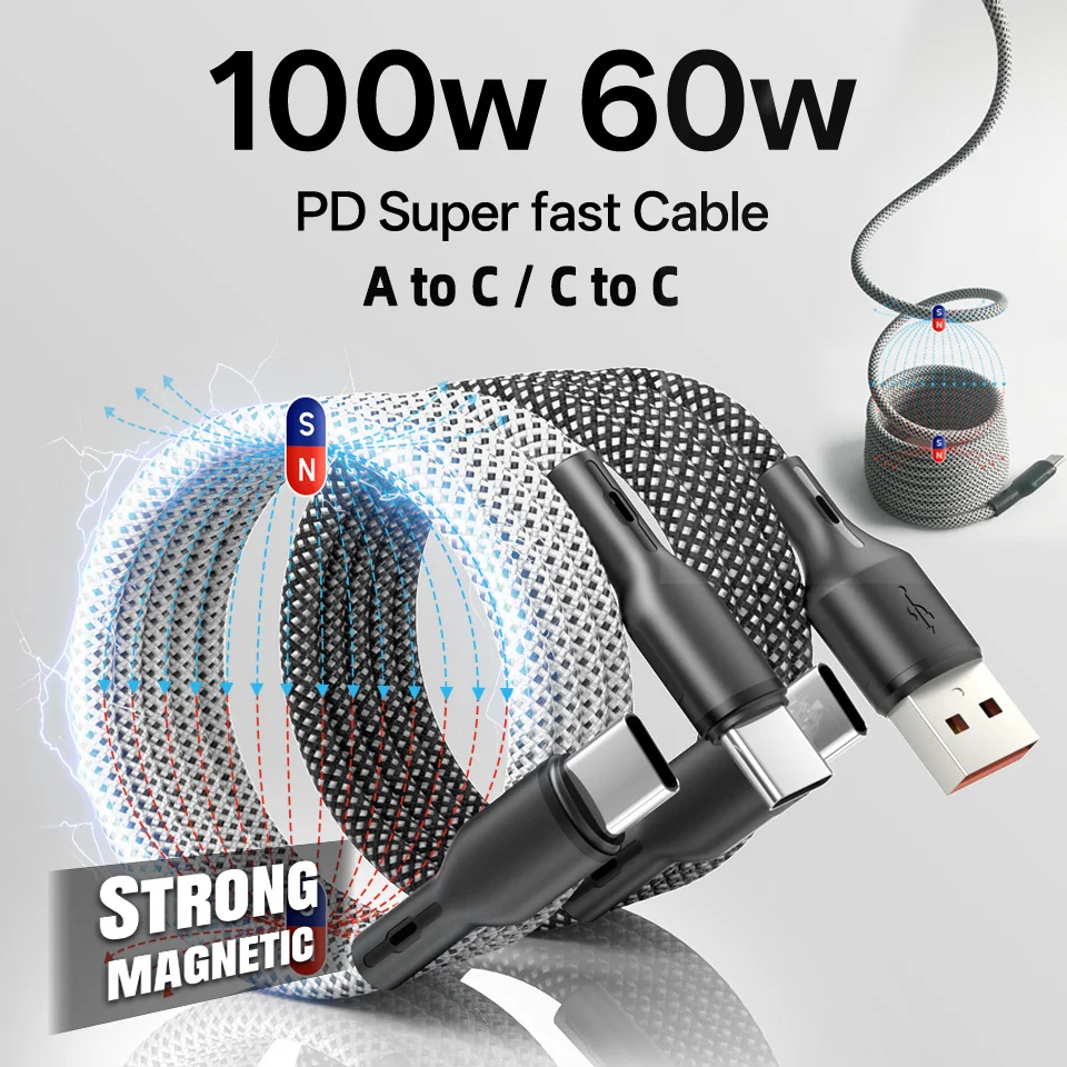High-Power Anti-Tangle Braided USB-C Magnetic Cable – 100W/60W/27W
