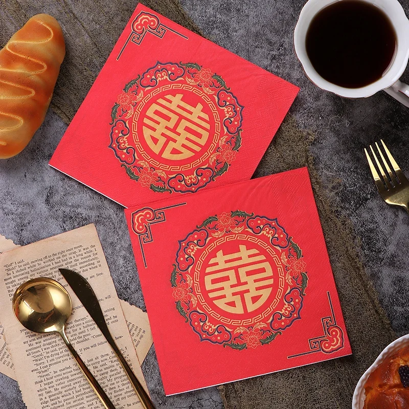 Китайские Красные двойные красочные салфетки с рисунком счастья, бумажные салфетки, свадебные бокалы для вина, Цветочная композиция из бумаги 20 шт./ПАК 2-Pl