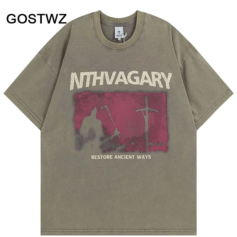 

Hip Hop Vintage Tshirt Streetwear RESTORE ANCIENT WAYS Graphic Cotton Punk Wash T-Shirt Men Harajuku Casual Gothic Tees Unisex