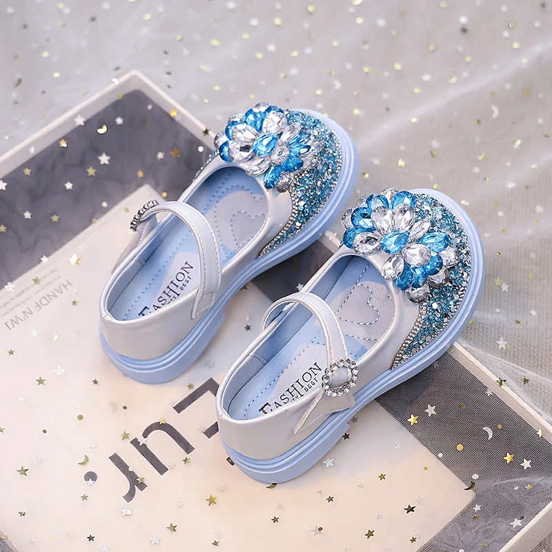 Leather Kids Party Shoes with Rhinestones for Girls